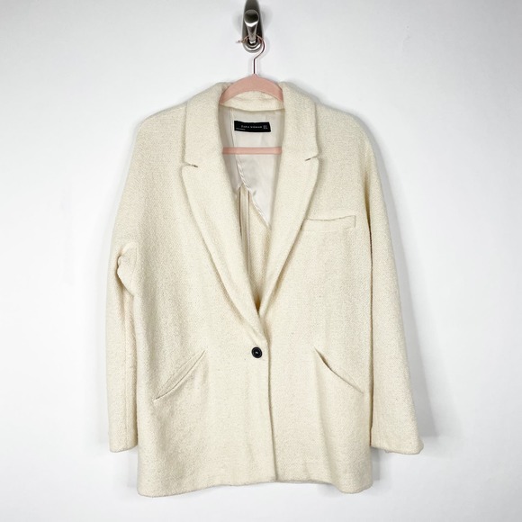 Zara Jackets & Blazers - ZARA Single Button Tweed Coat M Cream Off White Shawl Lapel Notch #1699